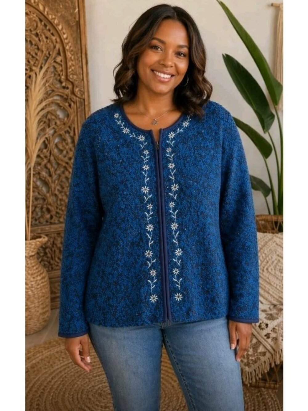 Vintage Womens Boho Floral Embroidered Zip Cardigan Lightweight 3X Blue